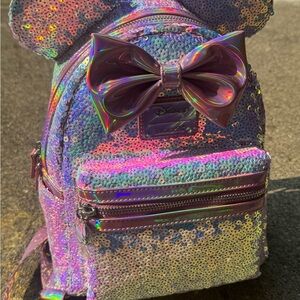UV Reactive Disney Loungefly Iridescent Pink Sequin Minnie Mouse Mini Backpack
